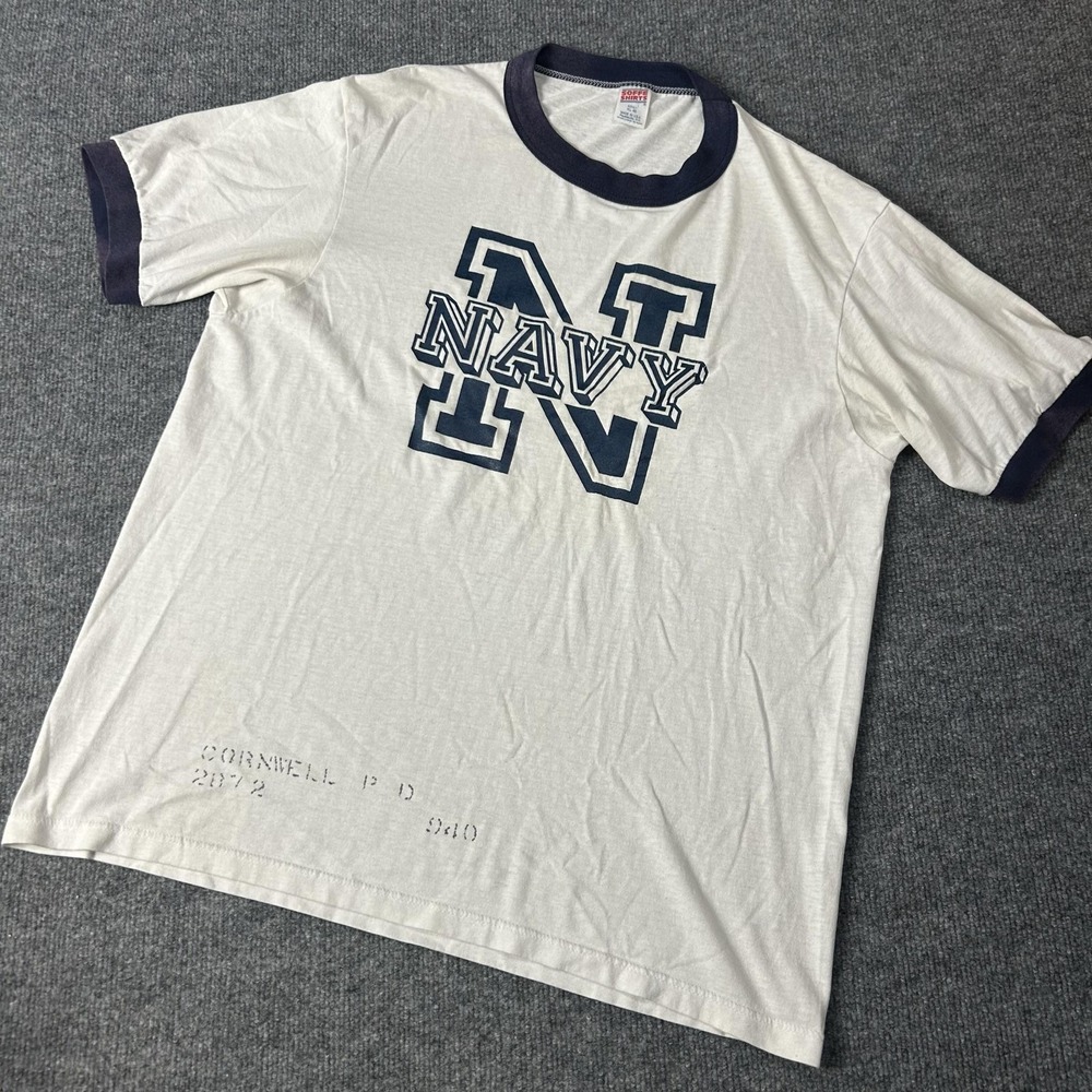 Vintage Navy Ringer Shirt Mens XL White Soffe Military Made USA Graphic Tee